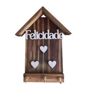 PORTA CHAVE DE MADEIRA FELICIDADE